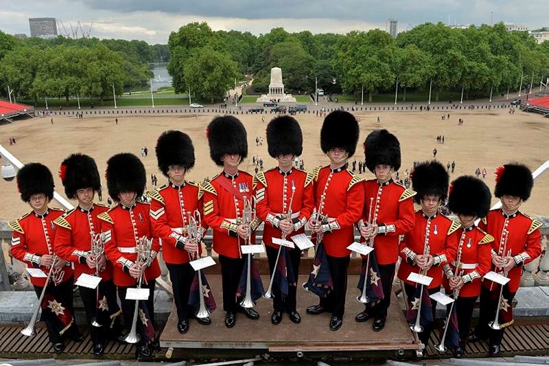 Bandsmen from the Coldstream Guards with the hallowed ground of Horse Guards Parade behind